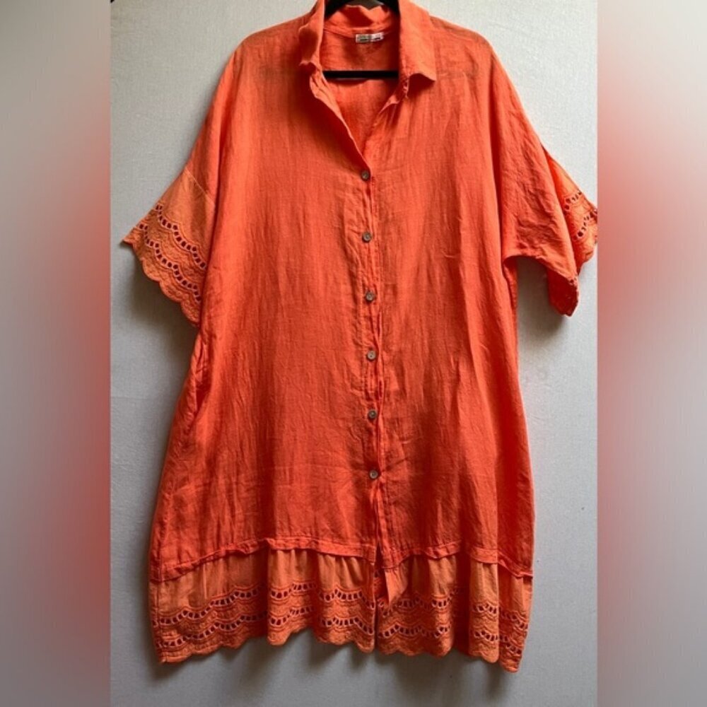 Vibrant Orange 100% Linen Made in Italy Button-Down Tunic Dress Sz XXL 26” PTP
